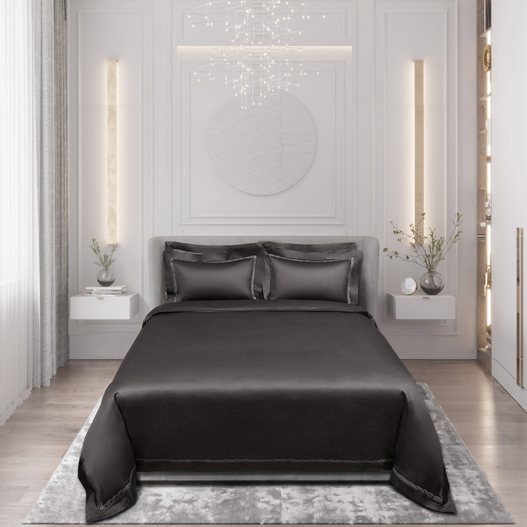 Комплект постельного белья LOIRE 600 tc темно-серый с золотой вышивкой